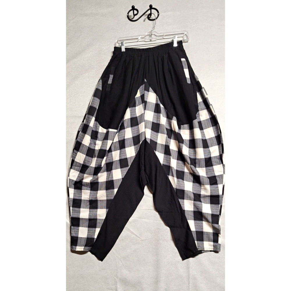 Black/White Check Harem Pants Elastic Waist W/ Pockets Cotton Size M